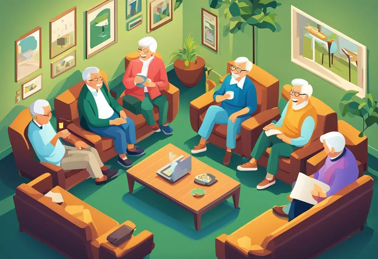 A group of senior citizens laughing and sharing humorous quotes in a cozy retirement home lounge