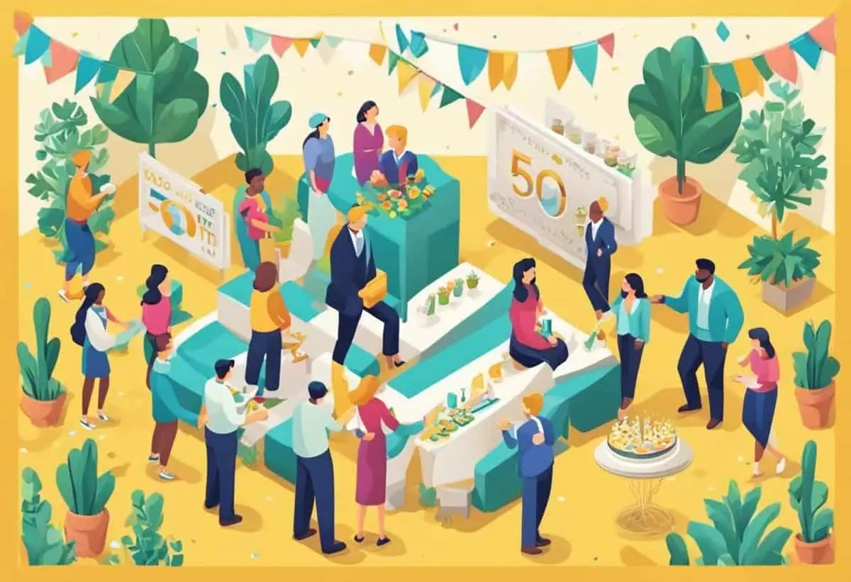 Illustration of a vibrant 50th anniversary celebration with guests, a cake, and decorations.