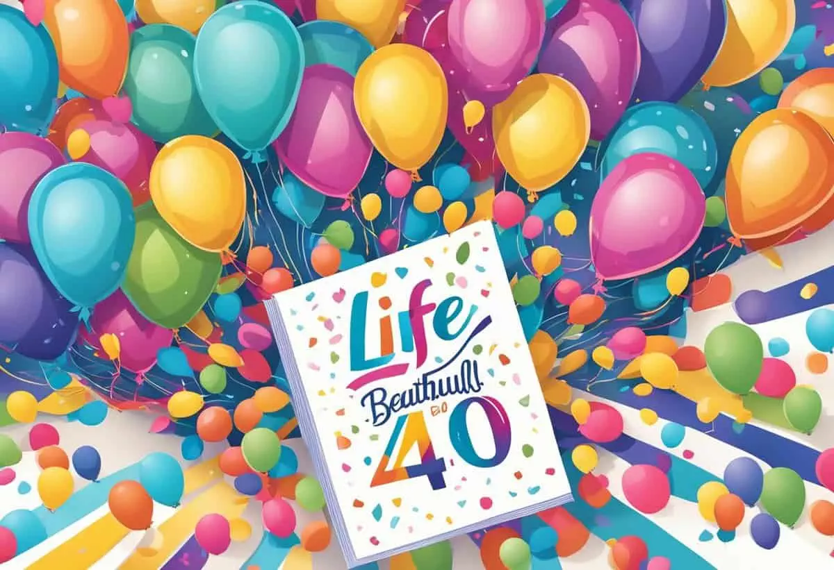 Colorful balloons and confetti celebrating the 40th anniversary with a card that reads 