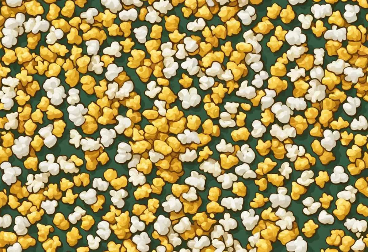 A scattered assortment of popped popcorn kernels on a green background.