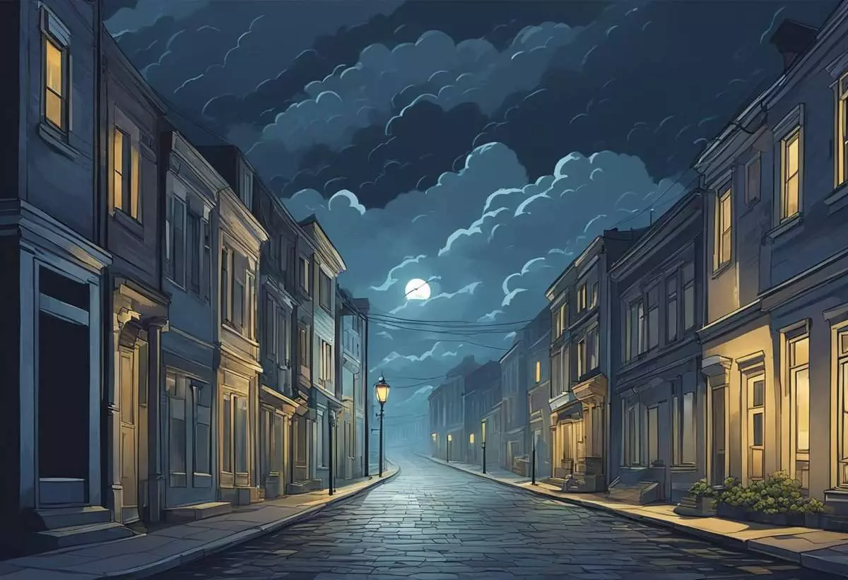 Moonlit cobblestone street with terraced houses under a cloudy night sky.