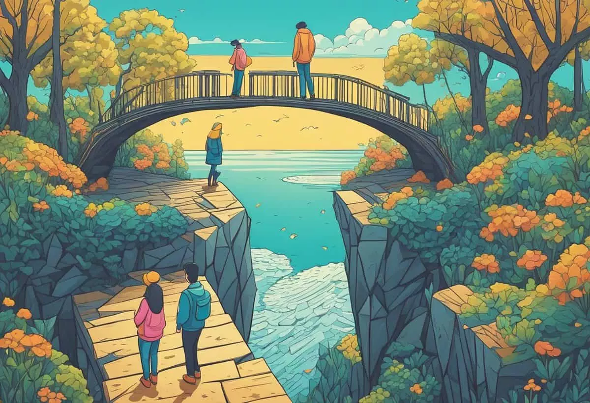 Colorful illustration of people on a bridge and pathway overlooking a serene river flanked by autumnal trees.