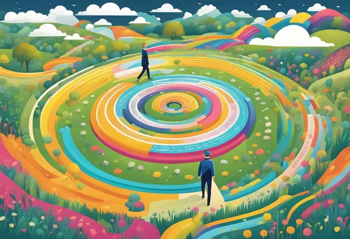Two individuals walking on vibrant, concentric circles in a colorful, stylized landscape.