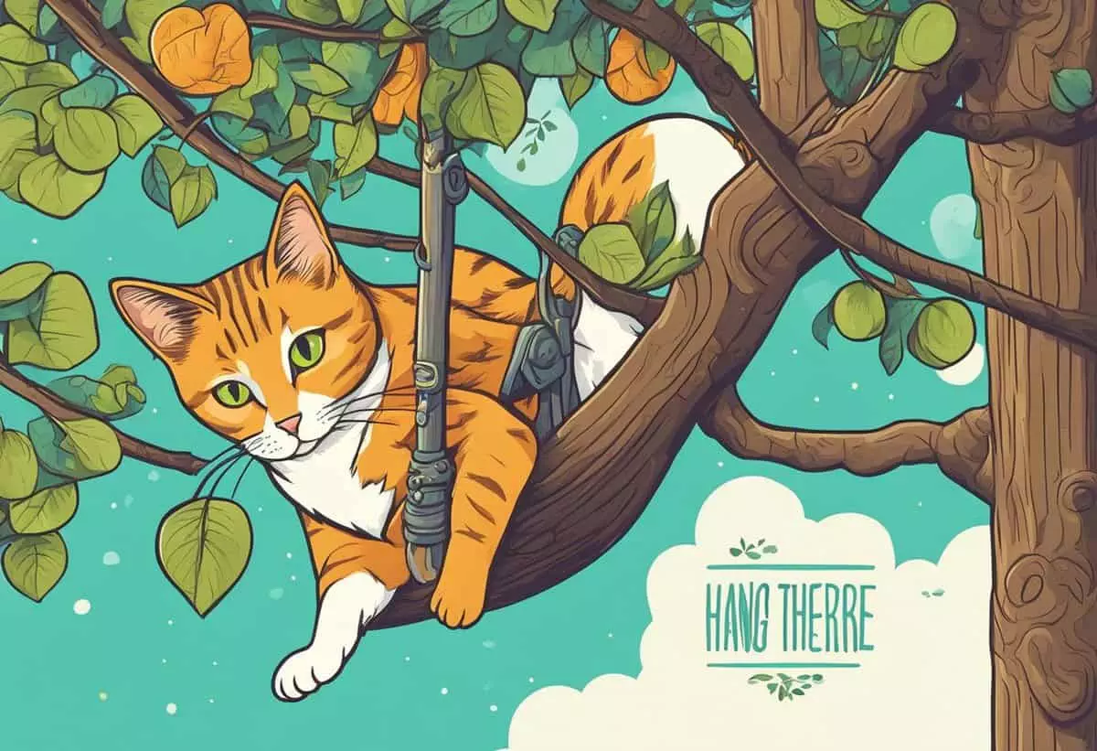 An illustrated orange tabby cat clinging to a tree branch with the phrase 