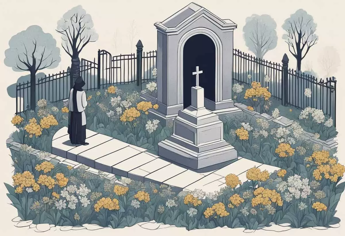 Two individuals standing at a gravesite surrounded by yellow flowers and wrought iron fencing.