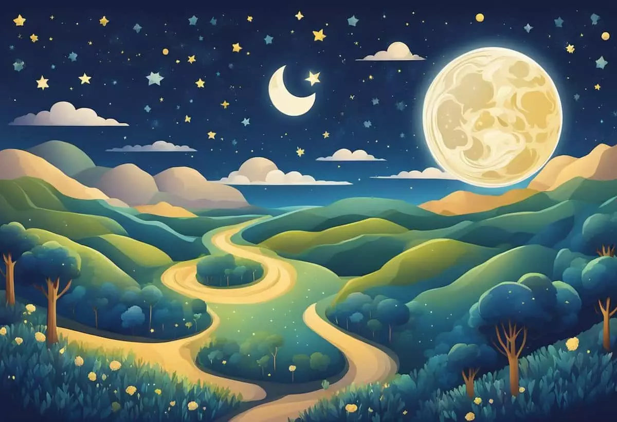 Illustration of a winding road through lush green hills under a starry night sky with a large full moon.
