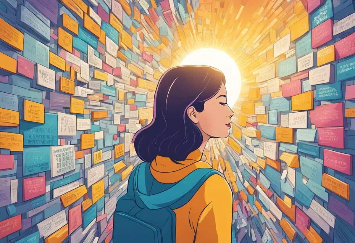 A young woman with a backpack facing a radiant sun, surrounded by walls of colorful sticky notes.